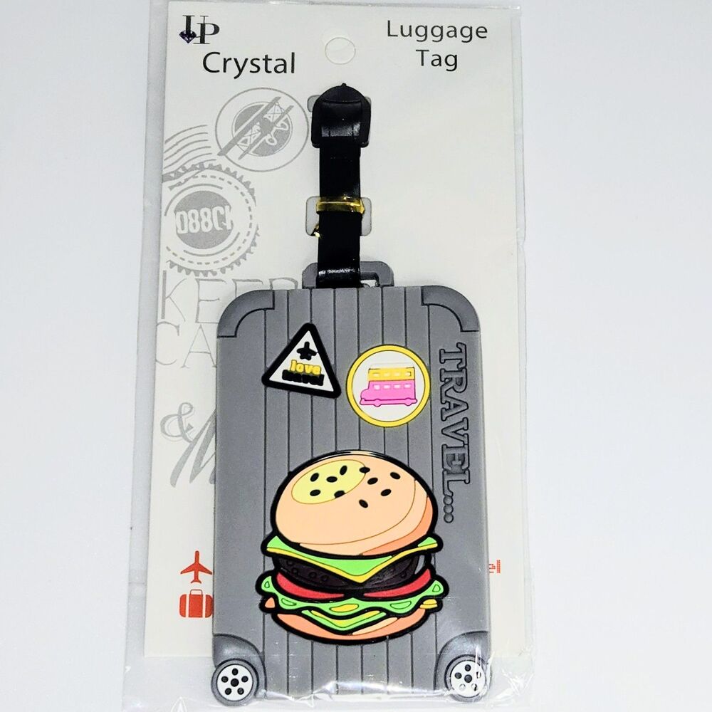 LUGGAGE TAG BAG LABEL Suitcase Design Grey, 3D Burger & Stickers Graphic NEW